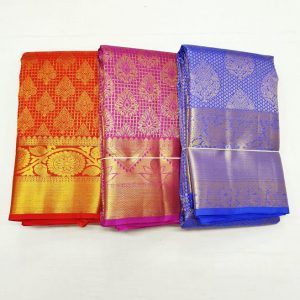 Kanchi Silk Saree Bridal Collection Gold Jari Work Design (Chilli Red / Pink / Blue)