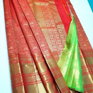 Kanchi Pure Silk Saree Annam and Deer Design Big Border Bridal Collection Chilli Red Color