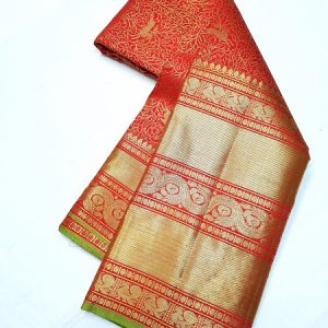 Kanchi Pure Silk Saree Annam and Deer Design Big Border Bridal Collection Chilli Red Color