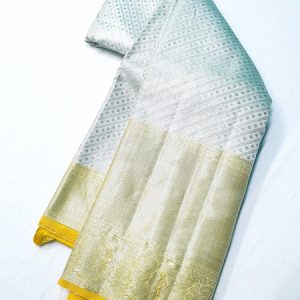 Annam Design Kanjivaram Pure Bridal Silk Sarees White w/ Lemon Yellow Color