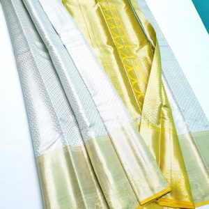 Annam Design Kanjivaram Pure Bridal Silk Sarees White w/ Lemon Yellow Color