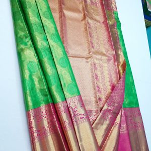 Lion Design Kanchipuram Pure Silk Saree Bridal Collection Green w/ Pink Color