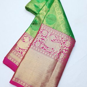 Lion Design Kanchipuram Pure Silk Saree Bridal Collection Green w/ Pink Color