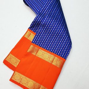 Traditional Design Arrival Kanjivaram Pure Silk Saree Bridal Collection Navy Blue w/ Orange Color
