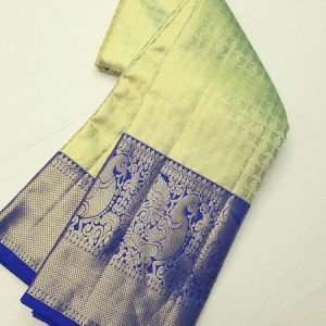 Bridal Collection Kanchi Pure Silk Saree Off White w/ Admiral Blue Color Annam Design