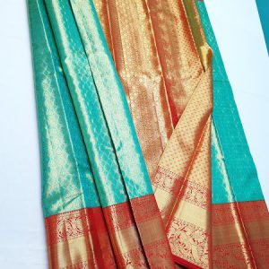 New Annam and Elephant Design Kanjivaram Pure Silk Saree Bridal Collection Ramar Blue w/ Red Color
