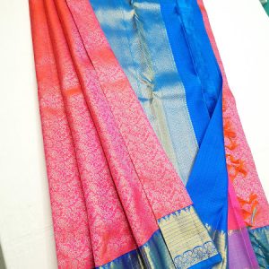 Kanchipuram Pure Silk Saree Thick Border Bridal Collection Rose w/ Blue Color