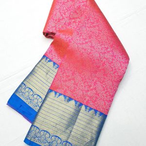 Kanchipuram Pure Silk Saree Thick Border Bridal Collection Rose w/ Blue Color