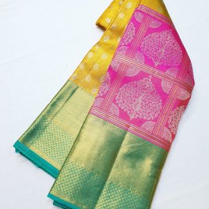 Kanchipuram Pure Silk Half and Half Saree Bridal Collection Yellow and Pink w/ Sky Blue Color