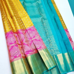 Kanchipuram Pure Silk Half and Half Saree Bridal Collection Yellow and Pink w/ Sky Blue Color