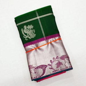 Kanchipuram Trendy Silk Sarees Annam and Peacock Design Bottle Green w/ Magenta Color