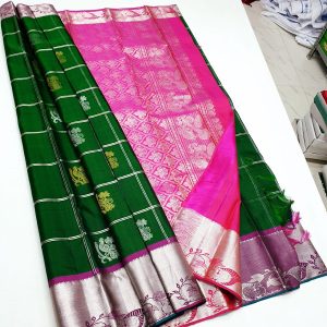 Kanchipuram Trendy Silk Sarees Annam and Peacock Design Bottle Green w/ Magenta Color