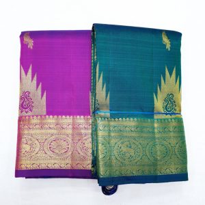Temple Design Kanjivaram Pure Silk Saree Thick Border Bridal Collection (Purple / Peacock Blue) Color