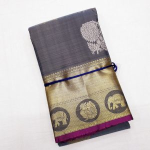New Arrival Elephant and Annam Design Kanchi Trendy Silk Sarees Grey w/ Pink Color Color