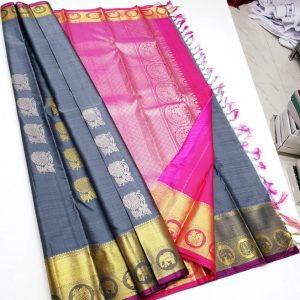 New Arrival Elephant and Annam Design Kanchi Trendy Silk Sarees Grey w/ Pink Color Color