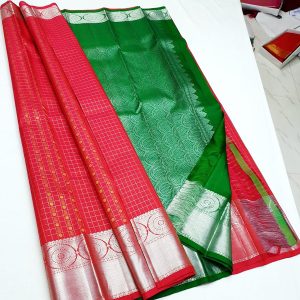 Silver Jari Work Kanjivaram Pure Soft Silk Checks Saree Red w/ Green Color
