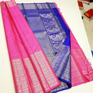 Kanchi Pure Soft Silk Big Border Saree Silver Jari Work Rose w/ Blue Color