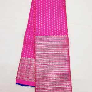 Kanchi Pure Soft Silk Big Border Saree Silver Jari Work Rose w/ Blue Color