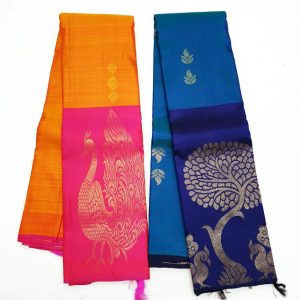 New Peacock Design Kanchipuram Pure Soft Silk Saree (Golden Yellow(Pink Border) / Ink Blue(Dark Blue Border))