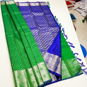 New Design Kanchi Silver Jari Work Trendy Silk Sarees (Bottle Green / Green / Purple)