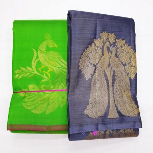 Peacock Design Kanjivaram Pure Soft Silk Saree (Parrot Green / Grey)