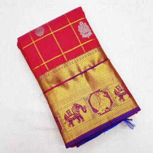 Pure Soft Silk Kanchi Saree Elephant and Annam Design Apple Red w/ Admiral Blue Color