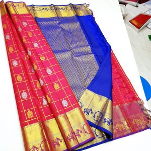 Pure Soft Silk Kanchi Saree Elephant and Annam Design Apple Red w/ Admiral Blue Color