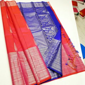Kanjivaram Trendy Silk Sarees Leaves Design Strawberry Rose w/ Navy Blue Color