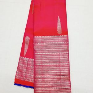 Kanjivaram Trendy Silk Sarees Leaves Design Strawberry Rose w/ Navy Blue Color