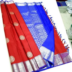 Trendy Silk Kanchipuram Saree Annam Design Candy Red w/ Admiral Blue Color
