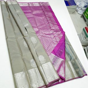 New Lotus Design Kanchi Trendy Silk Saree Cement w/ Purple Color