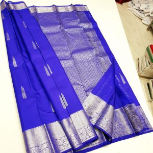 Trendy Silk Kanchi Saree Leaves Design Ink Blue Color Silver Jari Work