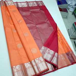 Kanchi Trendy Silk Saree Annam Design Big Border Orange w/ Apple Red Color