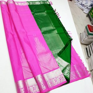 Temple Design Kanchi Trendy Silk Sarees Rose w/ Green Color