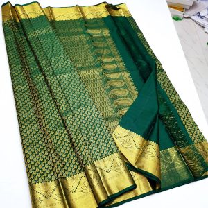 Peacock Design Thick Border Kanchi Bridal Collection Pattu Silk Sarees (Dark Green / Magenta / Pink)