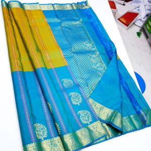 Pure Soft Silk Kanjivaram Saree Mango Design Pear Green and Sky Blue Color