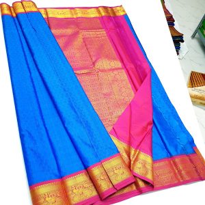 Kanchi Korvai Pure Silk Saree Peacock Design (Mango Yellow (Pink Border) / Purple (Lemon Yellow Border) / Blue (Pink Border))