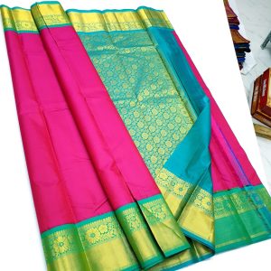 Kanjivaram Korvai Pure Silk Saree Flower Design (Pink (Sky Blue Border) / Navy Blue (Pink Border) / Rose (Green Border))