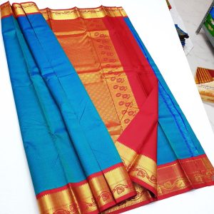 Lotus Design Kanchipuram Korvai Pure Silk Saree (Cerulean Blue / Sky Blue)