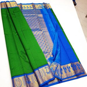 Kanchi Korvai Pure Silk Saree Mango Design (Candy Red (Blue Border) / Cerulean Blue (Pink Border) / Green (Navy Blue))