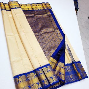 Kanchi Korvai Pure Silk Saree Annam Design (Golden Yellow (Red Border) / Green (Pink Border) / Off White (Navy Blue Border))