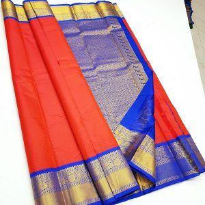 Flower and Peacock Design Kanchipuram Korvai Pure Silk Saree (Cobalt Blue / Pear Green / Orange)