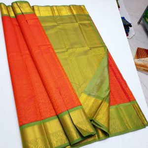 Kanchipuram Korvai Pure Silk Saree Elephant Design (Rose (Green Border) / Ink Blue (Pink Border) / Orange (Pear Green Border))