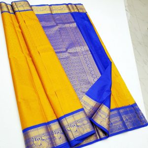 Kanjivaram Korvai Pure Silk Saree Peacock Design (Medallion Yellow (Orange Border) / Pink (Green Border) / Pineapple Yellow (Navy Blue))