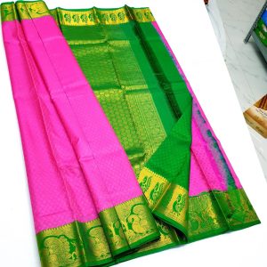 Peacock and Deer Design Kanchi Korvai Pure Silk Saree (Blue / Rose / Pink)