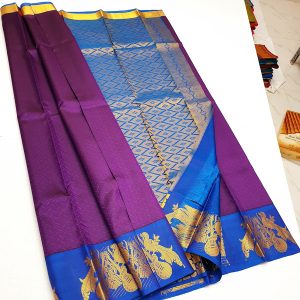 New Peacock and Guitar Design Kanchi Korvai Pure Silk Saree (Honey Orange / Marmalade Orange / Violet)
