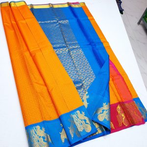 Kanjivaram Korvai Pure Silk Saree Peacock and Guitar Design (Cherry Red / Yellow / Blue)