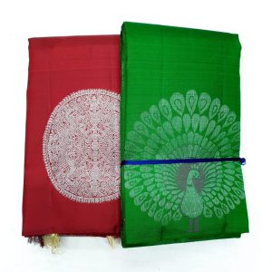 New Design Kanchi Trendy Silk Saree Silver Jari Work (Parrot Green / Magenta Red)