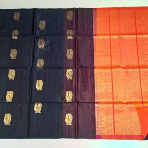 Kanchi Kora Cotton Handloom Saree Annam Design (Dark Brown / Sky Blue)