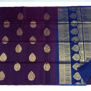 Kanchipuram Kora Cotton Handloom Saree Mango Design (Dark Violet / Cerulean Blue)